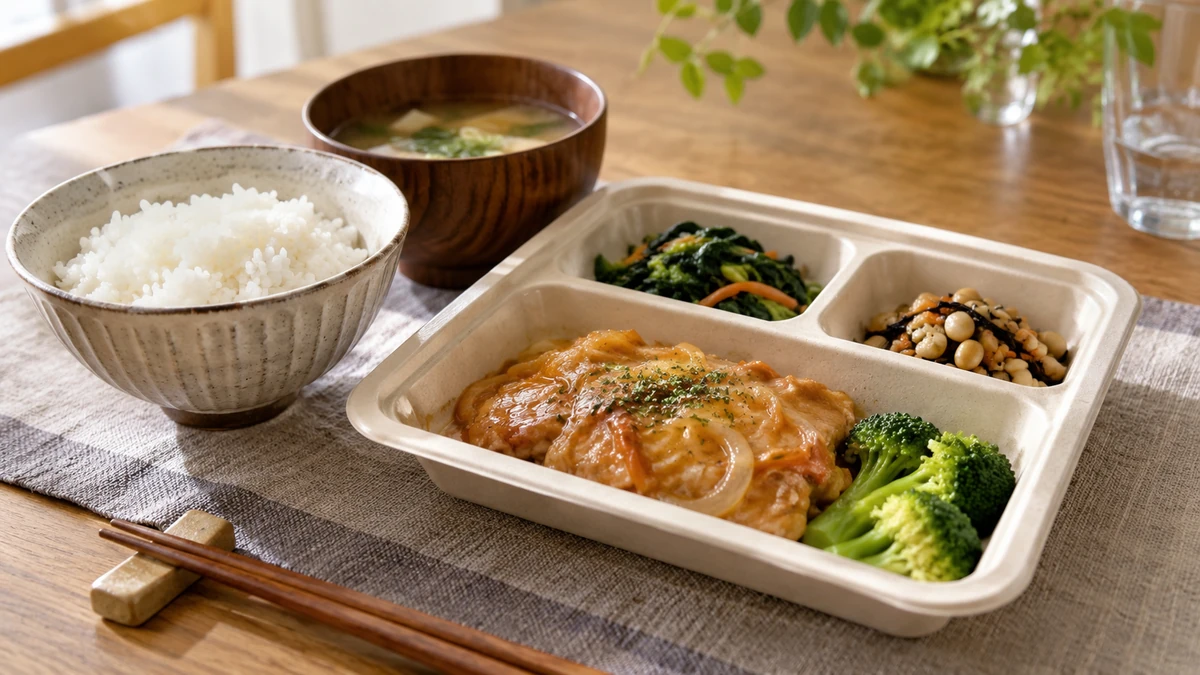 冷凍宅配弁当と白ご飯を組み合わせた食事のイメージ
