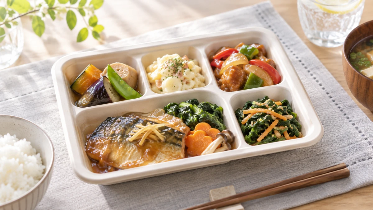 和洋中の料理を組み合わせた冷凍宅配弁当のイメージ