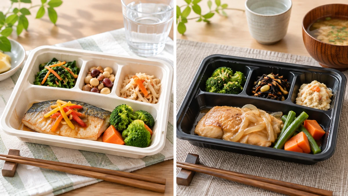 2種類の食事管理向け冷凍弁当を左右に並べた比較イメージ