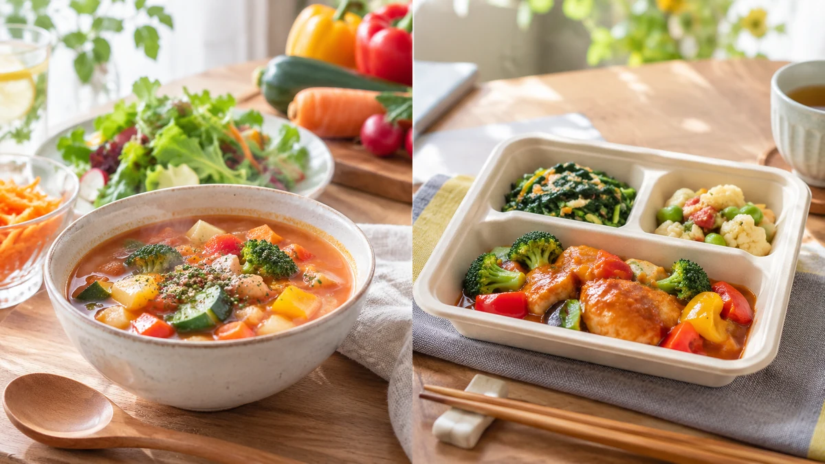 野菜中心の宅配食とトレー弁当を比較