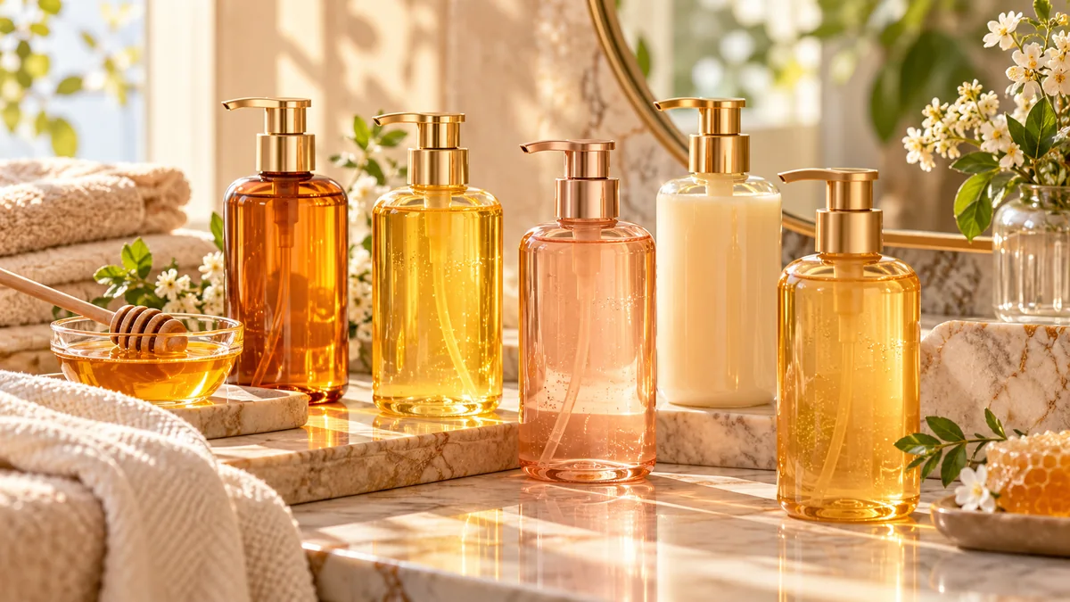 &honeyの主力シリーズ比較をイメージしたハニー調のヘアケアボトル