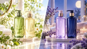 BOTANISTとYOLUの比較をイメージした昼夜のヘアケアボトル